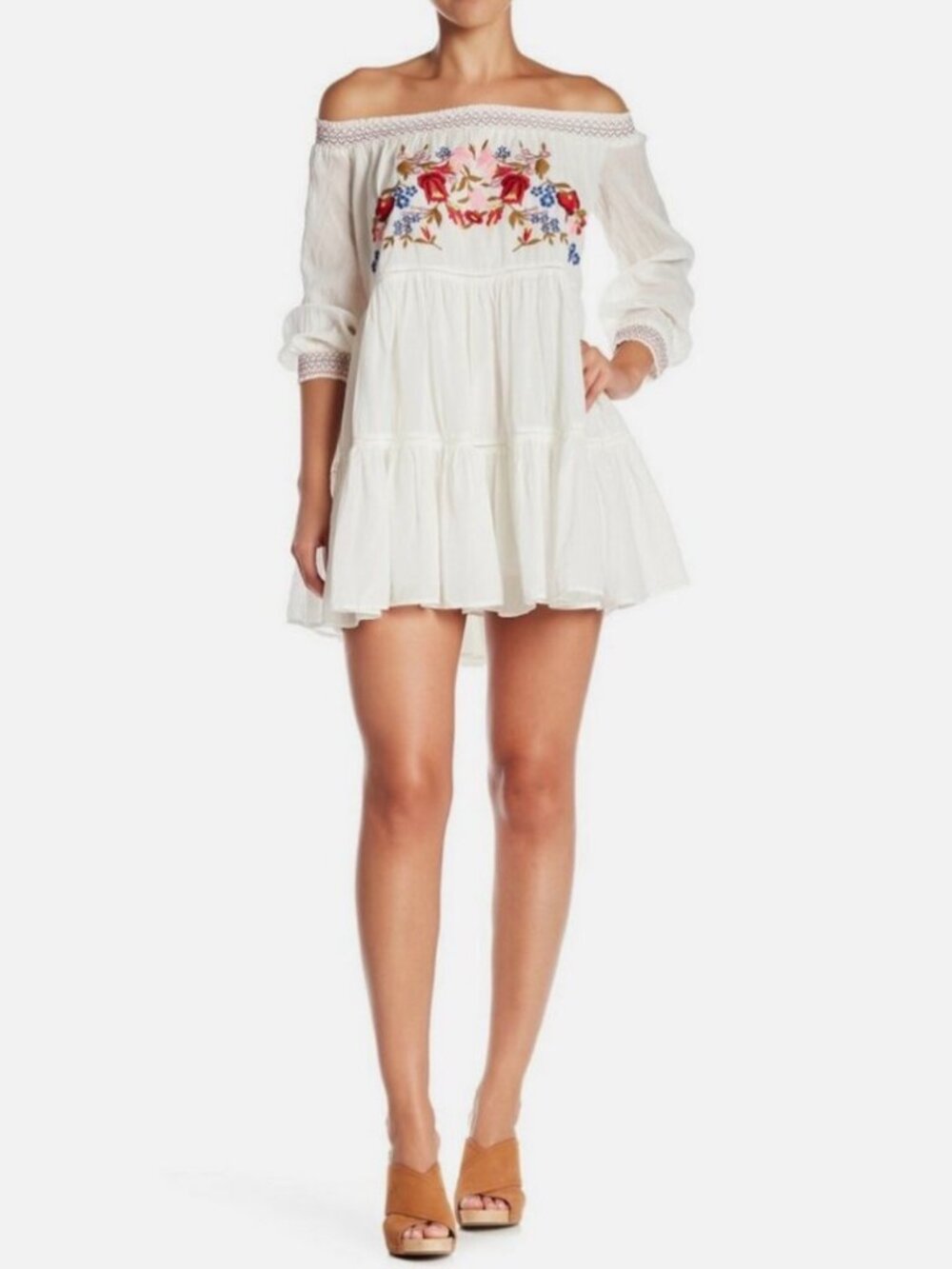 Free People Sunbeams Mini Dress Womens XS White Floral Embroidered Boho Peasant